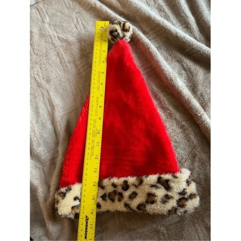 Red Santa Hat Unisex Size M Animal Print Trim‎ Holiday Christmas Festive